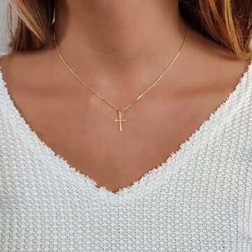 Annika Bella Sterling Silver Cross Necklace for Women, Length 16-18 Inches, Women's Small Simple Cross Pendant Necklaces in Silver or Gold, Charm Necklace, Faith Gift (Gold)