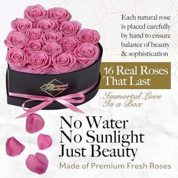 GLAMOUR BOUTIQUE 16-Piece Flowers Forever Heart Shape Box - Preserved Roses, Immortal Roses That Last A Year - Rose Eternal Preserved Flowers Gift for Her Mothers & Valentines Day - Pink