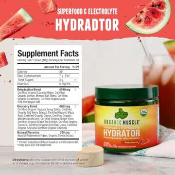 Organic Muscle Hydrator Electrolyte Powder, Watermelon - Vegan Intra & Post Workout Supplement for Natural Energy with Organic Superfoods & Antioxidants - Muscle Recovery Support - 20 Servings