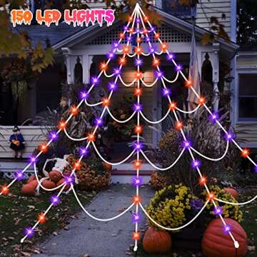 Halloween Spider Web Lights 150 LED Lighted Spider Web Giant 16.4 Ft Halloween Decorations Light up with 8 Lighting Modes Waterproof & Timer Outdoor Indoor Yard Haunted House Decor, Purple & Orange