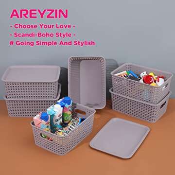 AREYZIN Lidded Storage Bins Plastic Storage Baskets With Lid Organizing Container Knit Storage Organizer Bins for Shelves Drawers Desktop Playroom Classroom Office, 6 Pack,Purple