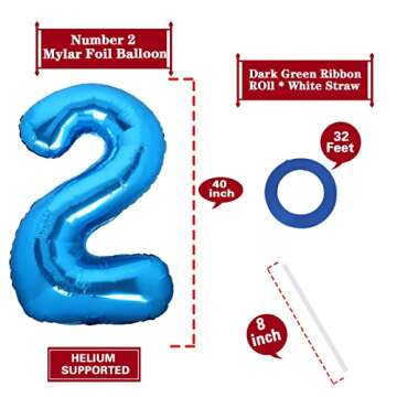 40 Inch Blue Number 2 Balloon Giant Two Balloon Number Birthday Decorations, 2nd 12 21st Party Celebration Decorations Graduations Anniversary Baby Shower 2 Years old Kids Birthday Decorations