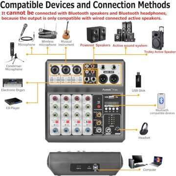 Aveek Professional Audio Mixer, Sound Board Mixing Console with 5 Channel Digital USB Bluetooth Echo Delay Effect, Input 48V Phantom Power Stereo DJ Mixers for Recording, Live Streaming, Podcasting