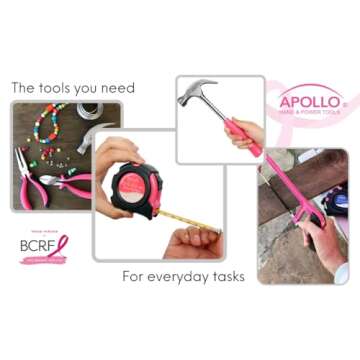 Apollo Tools 71 Piece Complete Household Tool Set with Clamp, Hacksaw, Carpenter Square, Screwdriver and Plier Sets for College, Home Repairs and DIY - Pink Ribbon - Pink - DT0204P