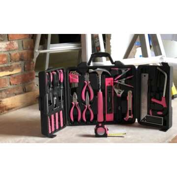 Apollo Tools 71 Piece Complete Household Tool Set with Clamp, Hacksaw, Carpenter Square, Screwdriver and Plier Sets for College, Home Repairs and DIY - Pink Ribbon - Pink - DT0204P