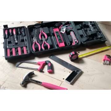 Apollo Tools 71 Piece Complete Household Tool Set with Clamp, Hacksaw, Carpenter Square, Screwdriver and Plier Sets for College, Home Repairs and DIY - Pink Ribbon - Pink - DT0204P