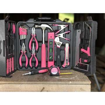 Apollo Tools 71 Piece Complete Household Tool Set with Clamp, Hacksaw, Carpenter Square, Screwdriver and Plier Sets for College, Home Repairs and DIY - Pink Ribbon - Pink - DT0204P