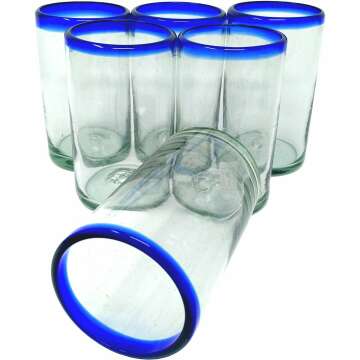 Hand Blown Mexican Drinking Glasses - Set of 6 Glasses with Cobalt Blue Rims (14 oz each)