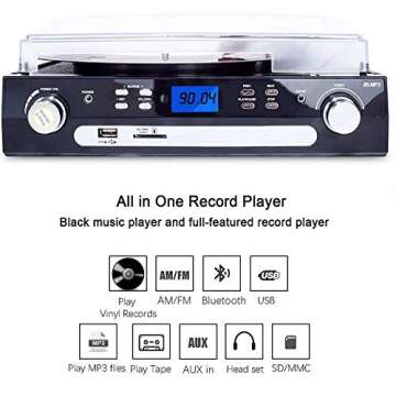 DIGITNOW Bluetooth Record Player with Stereo Speakers, Turntable for Vinyl to MP3 with Cassette Play, AM/FM Radio, Remote Control, USB/SD Encoding, 3.5mm Music Output Jack(Black)