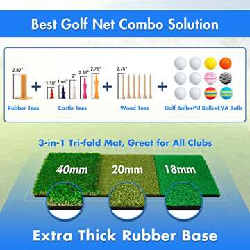 Premkid Golf Net,10x7ft Golf Hitting Training Aids Nets for Backyard Driving Chipping,Golf Practice Net with XL Tri-Turf Golf Mat /12 Golf Balls/12 Golf Tees/Carry Bag (Pro Golf Net Set)