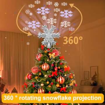 Christmas Tree Topper, Purtuemy 3D Snowflake Projection Lighted Tree Topper Christmas Decorations, 9’’ Silver Snowflake Xmas Ornaments for Indoor New Year Holiday Tree Decoration, Gift Idea