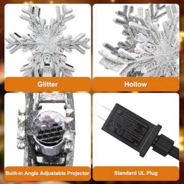 Christmas Tree Topper, Purtuemy 3D Snowflake Projection Lighted Tree Topper Christmas Decorations, 9’’ Silver Snowflake Xmas Ornaments for Indoor New Year Holiday Tree Decoration, Gift Idea