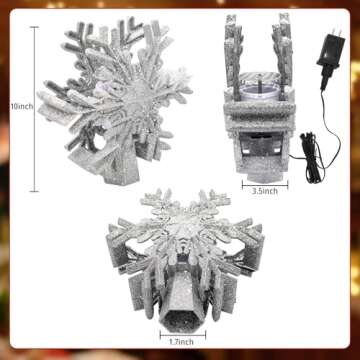 Christmas Tree Topper, Purtuemy 3D Snowflake Projection Lighted Tree Topper Christmas Decorations, 9’’ Silver Snowflake Xmas Ornaments for Indoor New Year Holiday Tree Decoration, Gift Idea