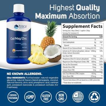 Trace Minerals | Liquid Cal/Mag/Zinc | Calcium, Magnesium, Zinc, Vitamin D3 Supplement | Supports Normal Tissue, Muscle, and Bone Density | Natural Piña Colada Flavor | 32 Servings, 32 fl oz.