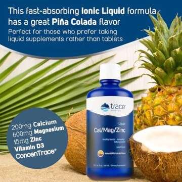 Trace Minerals | Liquid Cal/Mag/Zinc | Calcium, Magnesium, Zinc, Vitamin D3 Supplement | Supports Normal Tissue, Muscle, and Bone Density | Natural Piña Colada Flavor | 32 Servings, 32 fl oz.