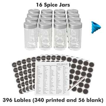 New England Stories Revolving Spice Rack Set with 16 Spice Jars, Kitchen Spice Tower Organizer for Countertop or Cabinet - Carousel Storage Includes 386 Spice Labels