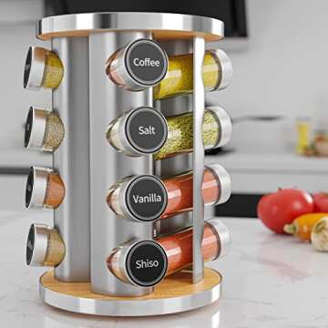 New England Stories Revolving Spice Rack Set with 16 Spice Jars, Kitchen Spice Tower Organizer for Countertop or Cabinet - Carousel Storage Includes 386 Spice Labels