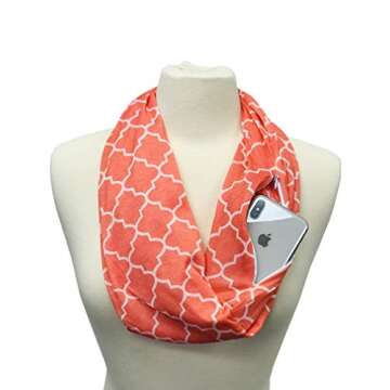 Pop Fashion Quatrefoil Pattern Infinity Scarf for Women - Lightweight, Comfortable Travel Scarf with Hidden Pocket to Store Phone, Keys, and Wallet - Fashion Scarf for All Seasons (Coral Pink)