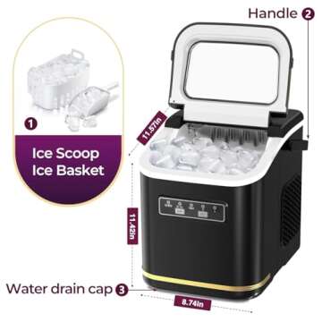 R.W.FLAME Countertop Ice Maker 9 Bullet Ice Cubes in 6 Mins, 26.5lbs/24Hrs, Ice Maker Machine with Self-Cleaning, Basket and Scoop for Home Office Kitchen Bar Party, Black