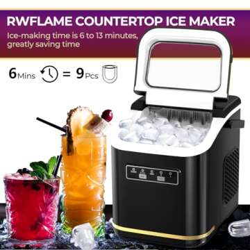 R.W.FLAME Countertop Ice Maker 9 Bullet Ice Cubes in 6 Mins, 26.5lbs/24Hrs, Ice Maker Machine with Self-Cleaning, Basket and Scoop for Home Office Kitchen Bar Party, Black