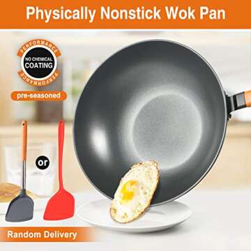 Anyfish Wok Pan with Lid, Woks & Stir Fry Pans with Silicone Spatula, Nonstick Wok and Carbon Steel Woks, No Chemical Coated Flat Bottom Chinese Wok For Induction, Electric, Gas, All Stoves, 13in