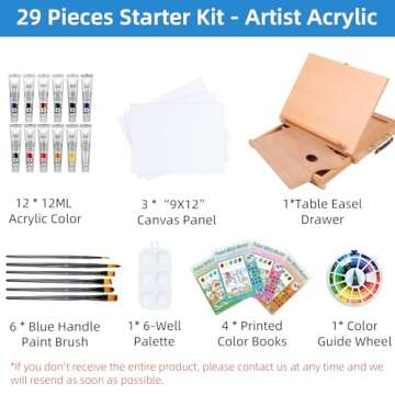 Falling in Art Tabletop Easel Set - 29 Pieces Starter Kit - Artist Acrylic Painting Kit with 12 Acrylic Paints Set, Canvas Panels, Brushes, Wooden Palette for Kids, Adults, Beginners, Professionals