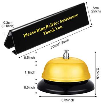 Boao Desk Service Dinner Bell Metal Silver Call Bell and Double Side No Receptionist Sign Please Ring Sign for Service Assistance for Hotel School Restaurant Reception Area(Yellow Bell)