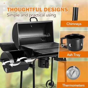 Flamaker Grill Outdoor Charcoal Grills with Side Oven & Thermometer Offset Smoker with Ash Catcher & Cover for Camping Picnics, BBQ, Hiking