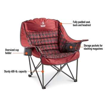 Guide Gear Oversized Extra Large Padded Camping Chair, Portable, Folding, Large Camp Lounge Chairs for Outdoor, Adults, Men and Women, Heavy-Duty 400 Pound Capacity, with Cup Holder Green