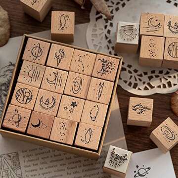 Hacaroa 32 Pieces Wooden Rubber Stamp Set, Moon Star Botanical Decorative Wood Stamps for Journal, Diary, Scrapbook, Planner, Letter, DIY Craft, Card Making