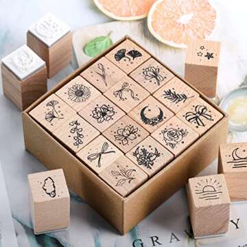 Hacaroa 32 Pieces Wooden Rubber Stamp Set, Moon Star Botanical Decorative Wood Stamps for Journal, Diary, Scrapbook, Planner, Letter, DIY Craft, Card Making