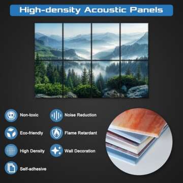 HIRESC 8 Pack Art Acoustic Panels Sound Proof Foam for Walls, 48X32 Inches Decorative Sound Absorbing Panels for Bedroom, Adhesive Included, Mountain