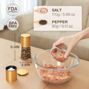 VUCCHINI Pepper Salt Grinder Mill - Adjustable Coarseness Ceramic Spice Grinder Shaker - Refillable Pepper Grinders for Home Kitchen Gifts (Golden)