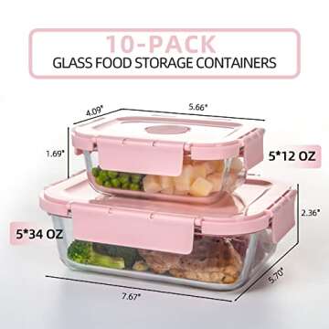 HAKEEMI Glass Meal Prep Containers 10 Pack, Glass Food Storage Containers with Snap Locking Lids Airtight Built in Air Vents, Glass Containers for Lunch, Microwave/Dishwasher Safe, Pink