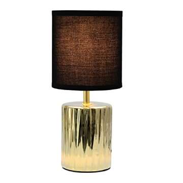 Simple Designs LT1132-GLD 11.61" Tall Contemporary Ruffled Metallic Gold Capsule Bedside Table Desk Lamp w Black Drum Fabric Shade for Home Decor, Bedroom, Living Room, Entryway, Office