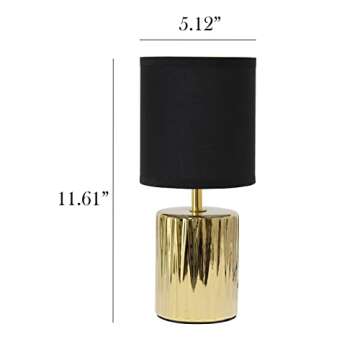 Simple Designs LT1132-GLD 11.61" Tall Contemporary Ruffled Metallic Gold Capsule Bedside Table Desk Lamp w Black Drum Fabric Shade for Home Decor, Bedroom, Living Room, Entryway, Office