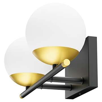 Ralbay Mid Century Modern Vanity Lights for Bathroom 2-Light Milky Glass Modern Bathroom Vanity Lights Over Mirror, Black & Golden Wall Light Fixture for Bathroom (Exclude Bulb)