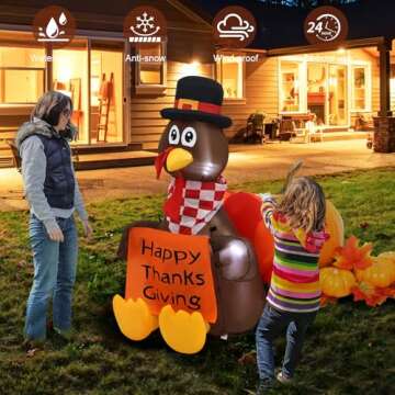 InfleasJoiy 4 FT Pull Banner Turkey Thanksgiving Inflatable Decoration with LED Lights for Holiday Celebration Decorations on Yard, Lawn and Patio