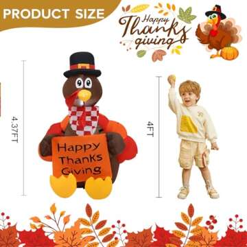 InfleasJoiy 4 FT Pull Banner Turkey Thanksgiving Inflatable Decoration with LED Lights for Holiday Celebration Decorations on Yard, Lawn and Patio