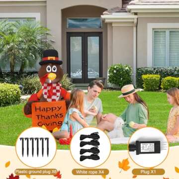 InfleasJoiy 4 FT Pull Banner Turkey Thanksgiving Inflatable Decoration with LED Lights for Holiday Celebration Decorations on Yard, Lawn and Patio