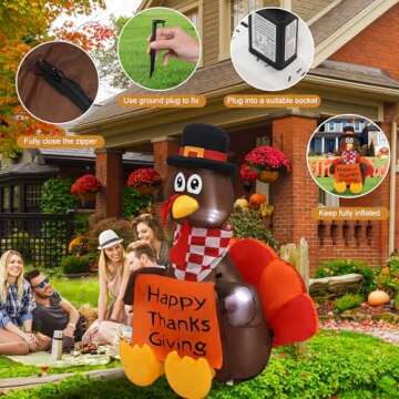 InfleasJoiy 4 FT Pull Banner Turkey Thanksgiving Inflatable Decoration with LED Lights for Holiday Celebration Decorations on Yard, Lawn and Patio