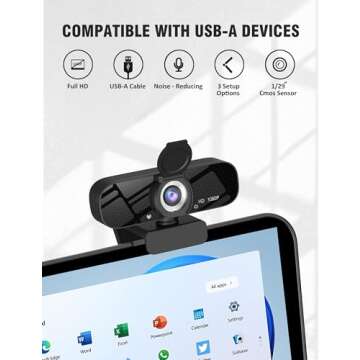 Full HD Webcam with Built-in Microphone and Rotatable Tripod, 1080P Video and Wide Angle Camera, Privacy Cover, for Desktop PC or Laptop Computer