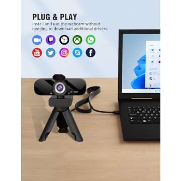 Full HD Webcam with Built-in Microphone and Rotatable Tripod, 1080P Video and Wide Angle Camera, Privacy Cover, for Desktop PC or Laptop Computer