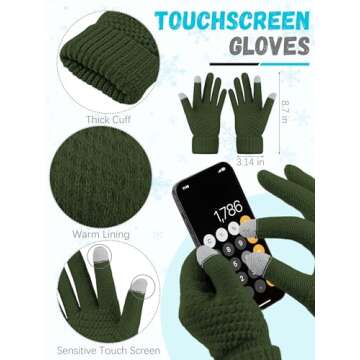 Winter Gloves Hat Scarf Earmuff, Army Green Touch Screen Gloves Plush Ear Warmth Beanie Warm Scarf Winter Sets for Women