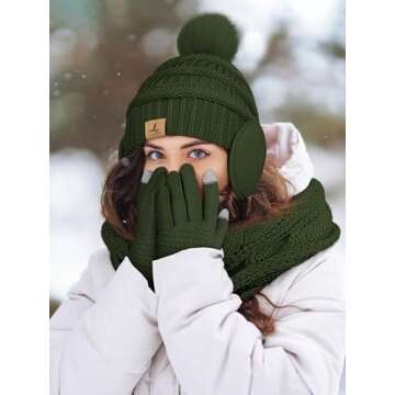 Winter Gloves Hat Scarf Earmuff, Army Green Touch Screen Gloves Plush Ear Warmth Beanie Warm Scarf Winter Sets for Women