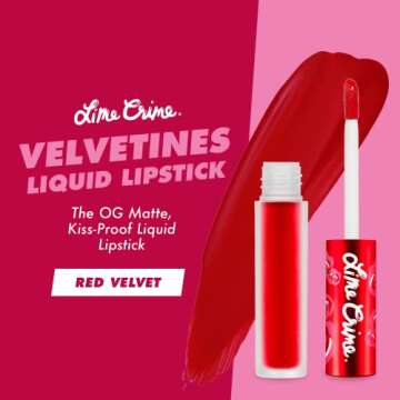 Lime Crime Velvetines Liquid Matte Lipstick, Red Velvet (True Red) - Bold, Long Lasting Shades & Lip Lining - Stellar Color & High Comfort for All-Day Wear - Talc-Free & Paraben-Free