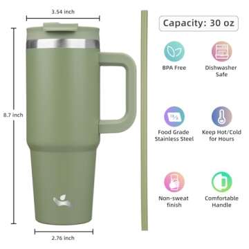 Konokyo 30 oz Tumbler with Handle and 2 Straws,2 in 1 Lid Insulated Water Bottle Stainless Steel Travel Coffee Mug,Army Green