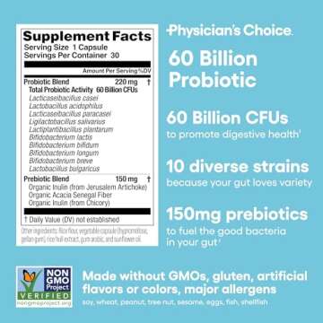 Physician's Choice Probiotics 60 Billion CFU - 10 Strains + Organic Prebiotics - Immune, Digestive & Gut Health - Supports Occasional Constipation, Diarrhea, Gas & Bloating - for Women & Men - 30ct