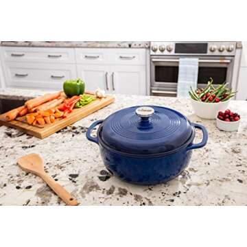 Lodge 6 Quart Enameled Cast Iron Dutch Oven with Lid – Dual Handles – Oven Safe up to 500° F or on Stovetop - Use to Marinate, Cook, Bake, Refrigerate and Serve – Indigo