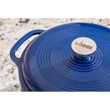 Lodge 6 Quart Enameled Cast Iron Dutch Oven with Lid – Dual Handles – Oven Safe up to 500° F or on Stovetop - Use to Marinate, Cook, Bake, Refrigerate and Serve – Indigo